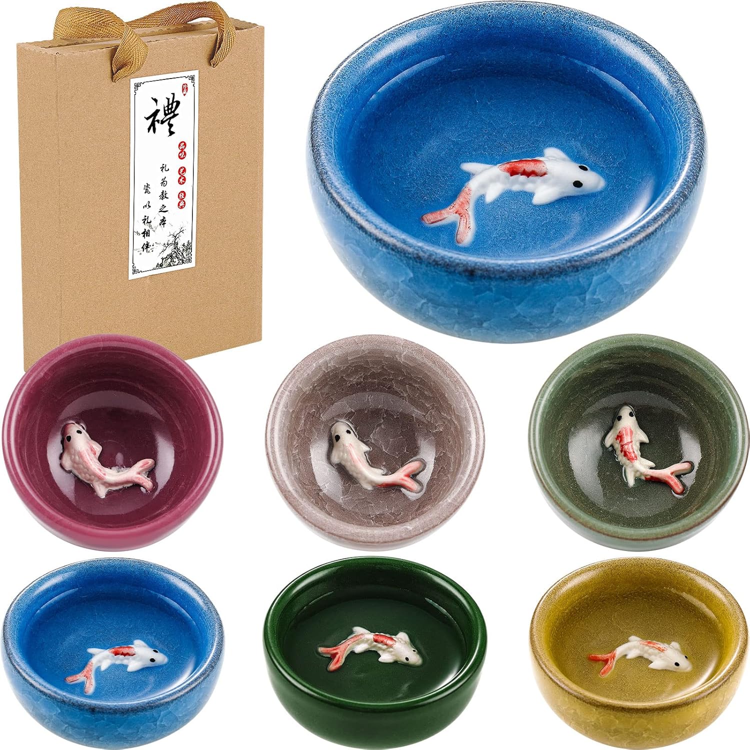 Skyley 6 Pieces Korean Soju Shot Glasses Sets Porcelain Cups Korean Ceramic Cups Tea Accessories Drinkware, Handcrafted Ceramic(Colorful,Koi Fish Pattern)
