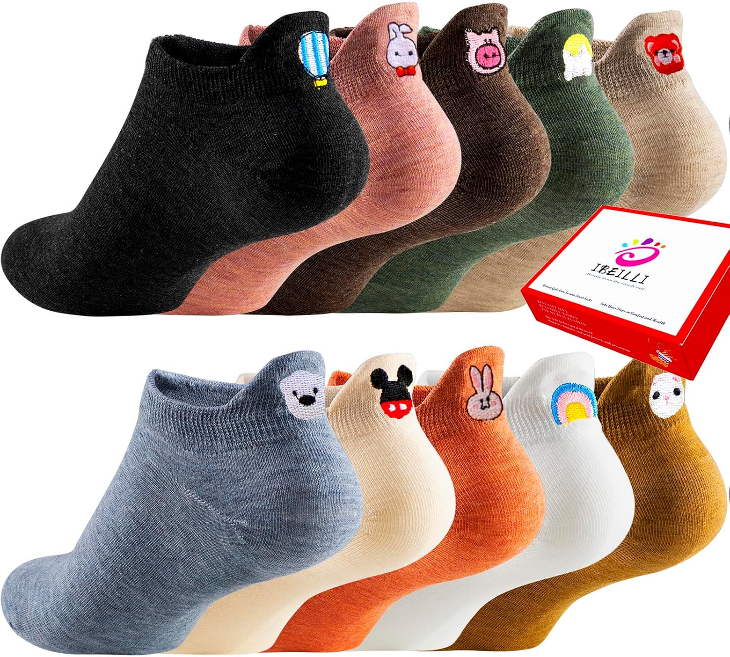 IBEILLI Women Cute Socks 10 Pairs Cotton Kawaii Embroidered Funny Low Cut Ankle Socks for Women Girls