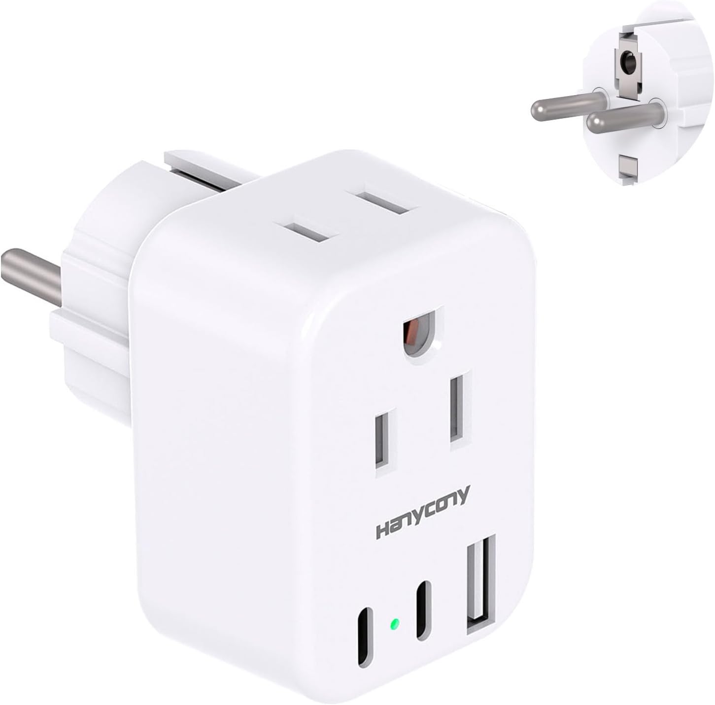 HANYCONY Type E F Plug Adapter, Germany France Travel Plug Adapter with 2 Outlets 3 USB Ports(2 USB C)，Schuko Plug Power Adaptor for US to Europe EU Spain Iceland Korea Greece German French