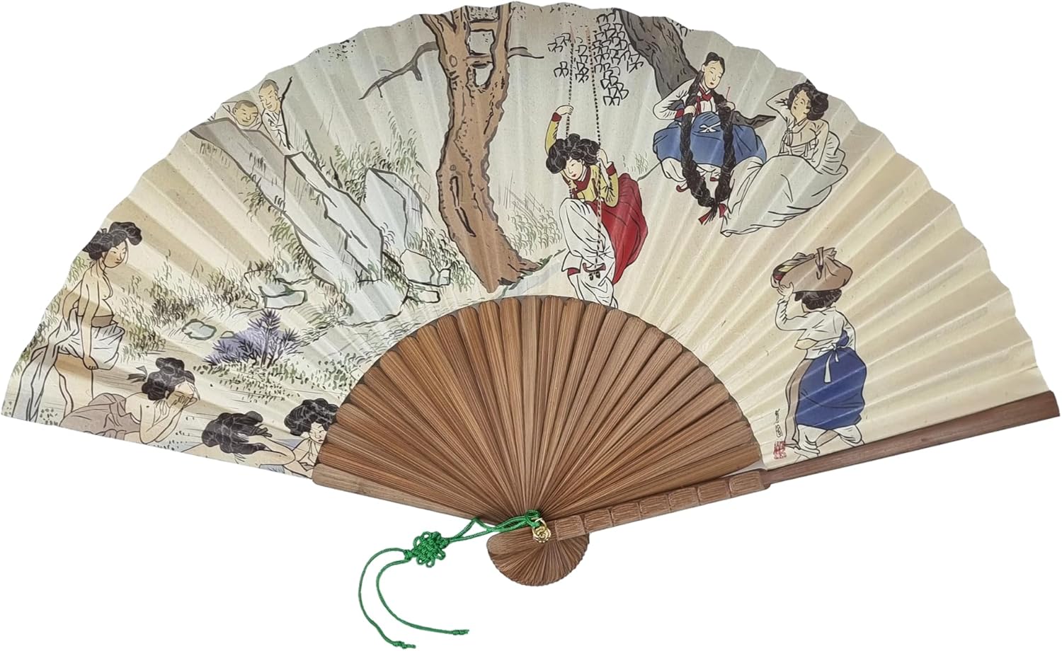 Seoulful Vintage Korean Dano Festival Folding Fan - Traditional Shin Yun-bok Art Hand Fan with Bamboo Frame