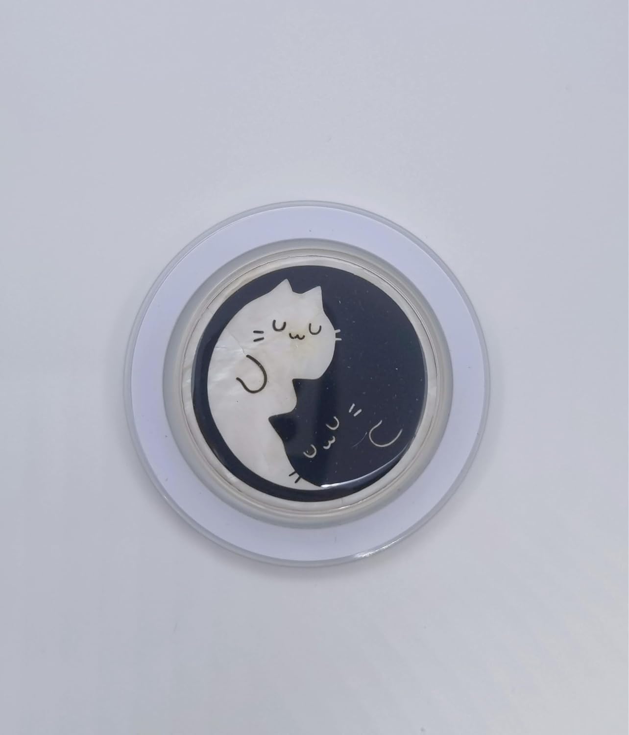 Korean Najeonchilgi Shell-Inlay Phone Grip Stand, Slim Round Phone Holder &amp; Kickstand, Adhesive or Magnetic Back, Metal Ring Included - (Black &amp; White Cat)