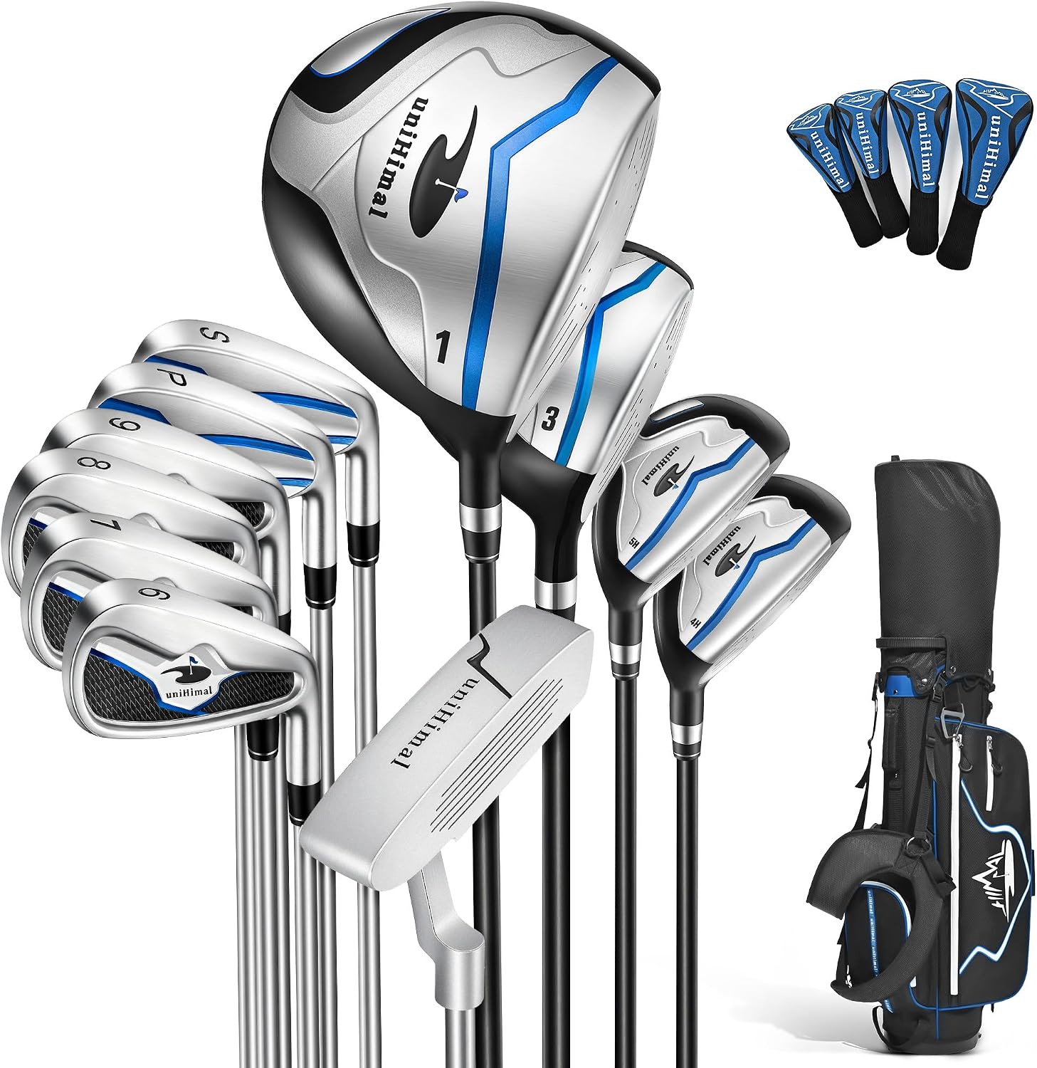 Men’s Golf Club Set, Right Hand – 13–16 Piece Complete Set with Driver, Woods, Hybrids, Irons, PW, SW, Putter, Stand Bag and Headcovers