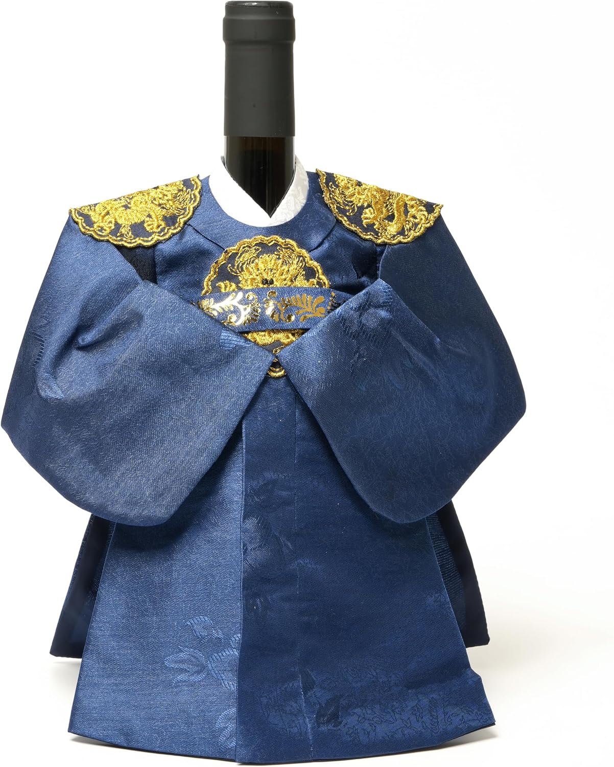 Korean Hanbok Wine Bottle Cover Gift, Unique Korean Gift for Women &amp; Men, Decorative Wine Bottle Outfit for Wedding, Housewarming, Birthday (King/Blue)