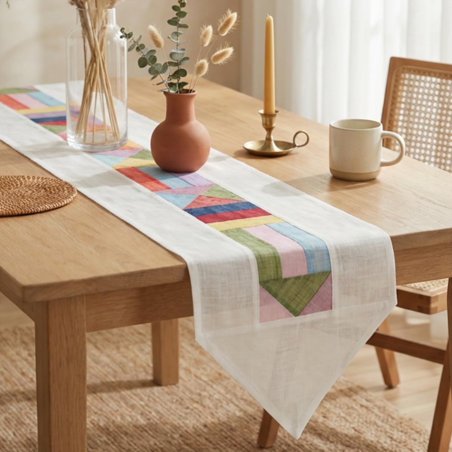 Korean Bojagi Table Runner for Dining Table, Modern Table Runner with Natural Ramie Fabric, Patchwork Korean Traditional Decor, Cottage Core Farmhouse Table Runner 78 Inch