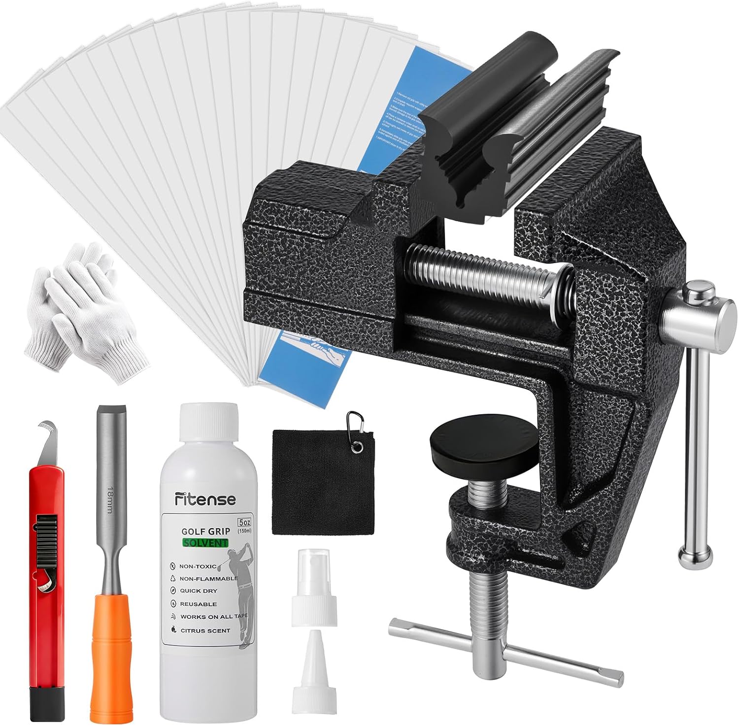 Fitense Golf Club Grip Repair Kit - Include 20 Tapes Strips, Portable Table Vise Rubber Clamp, Golf Grip Removal Tool with Solvent,Golf Club Replacement Kit